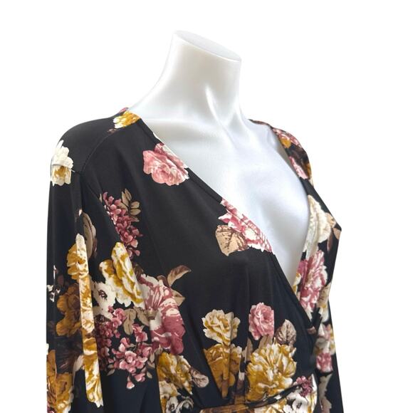 Torrid Women's Black Floral Long Sleeve Tie Deep V Neck Wrap Mini Dress Size 4 - Picture 3 of 5